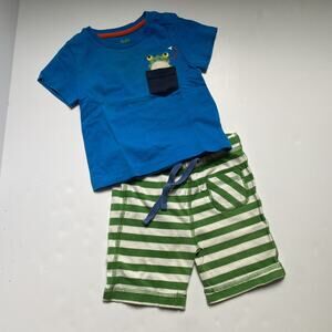 Baby Boden Frog Pocket Appliqué Green Striped Shorts Outfit